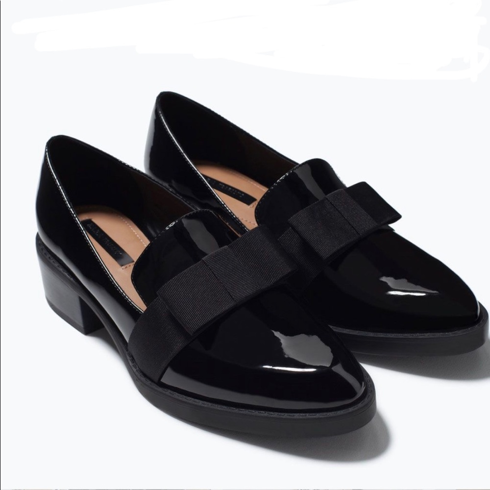 Zara Patent Leather Black Loafers with Fabric Bow